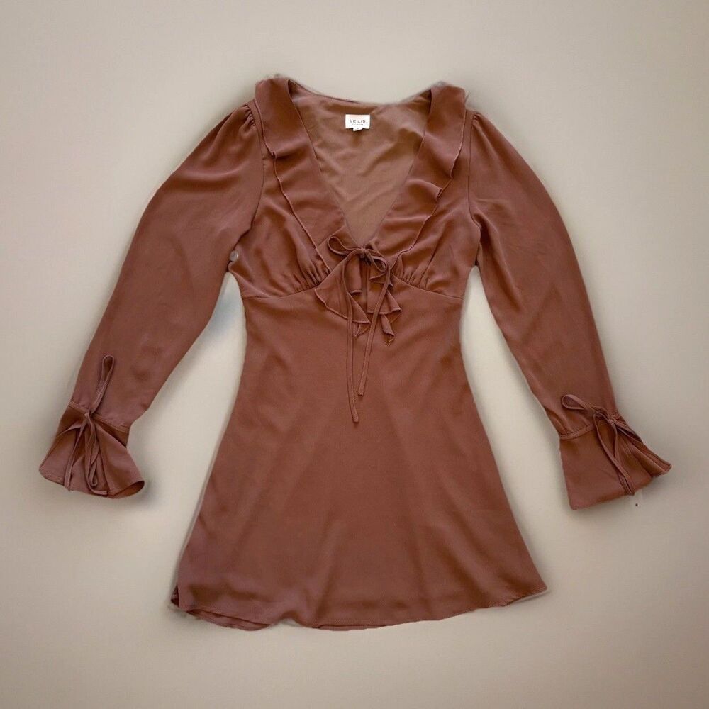 Le Lis Brown Ruffle Chiffon Mini Dress Size Small V-Neck Long Sleeve Lined